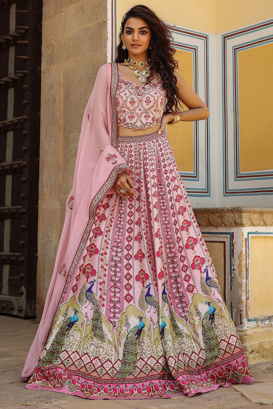 Candy Pink Traditional Print Silk Designer Lehenga with Abla Work and Leaf Neck Online at Samyakk