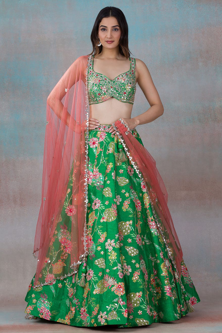 Bright Green Sequins Embroidered Silk Mehendi Lehenga Online at Samyakk