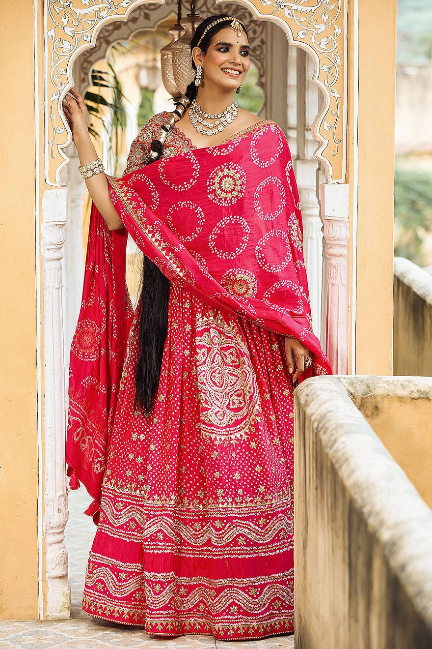 Raspberry Red Gota Embroidered Silk Bandhani Lehenga Online at Samyakk