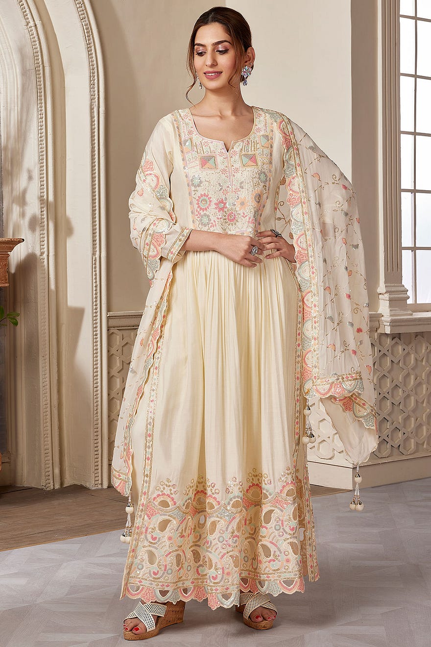 Cream Sequins Embroidered Silk Party Wear Salwar Kameez Online at Samyakk