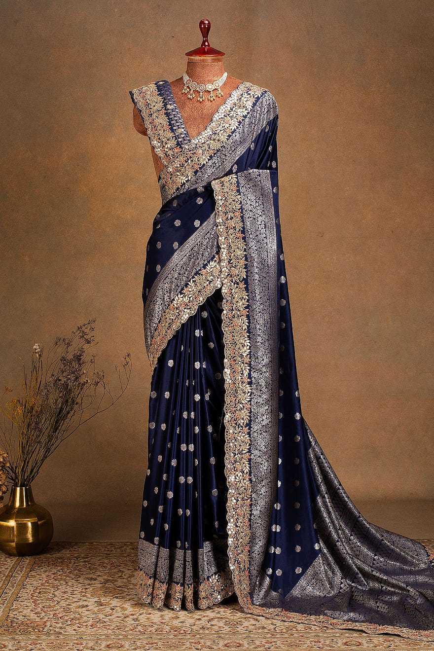 Navy Blue Banarasi Silk Designer Saree With Unstitched Blouse Online at Samyakk