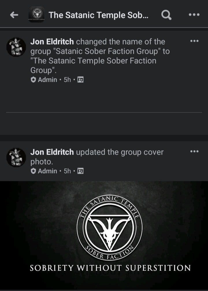 screenshot of “Satanic Sober Faction Group” changing to “The Satanic Temple Sober Faction Group”
