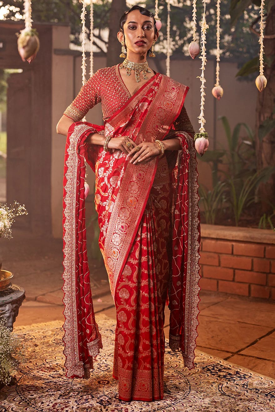 Sweet Cherry Red Zari Woven Festive Wear Banarasi Silk Saree Online at Samyakk