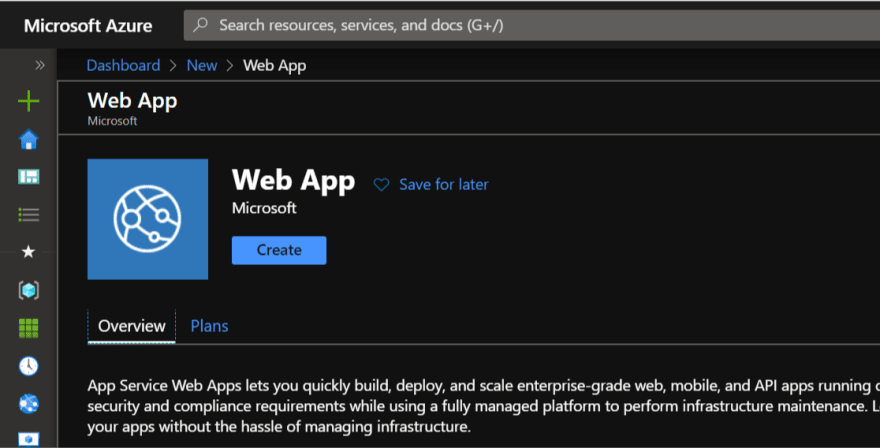 Image showing create button to create a web app in Azure