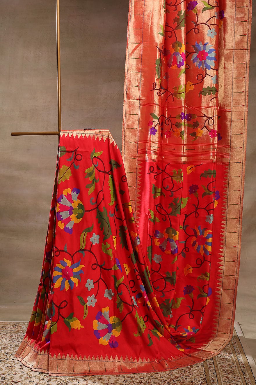 Crimson Red Zari Woven Paithani Silk Saree with Unstitched Blouse Online at Samyakk