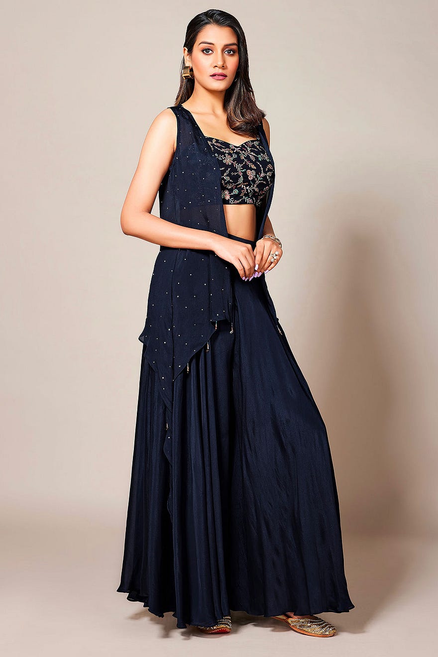 Dark Midnight Blue Sequins Embroidered Georgette Crop Top Suit Online at Samyakk