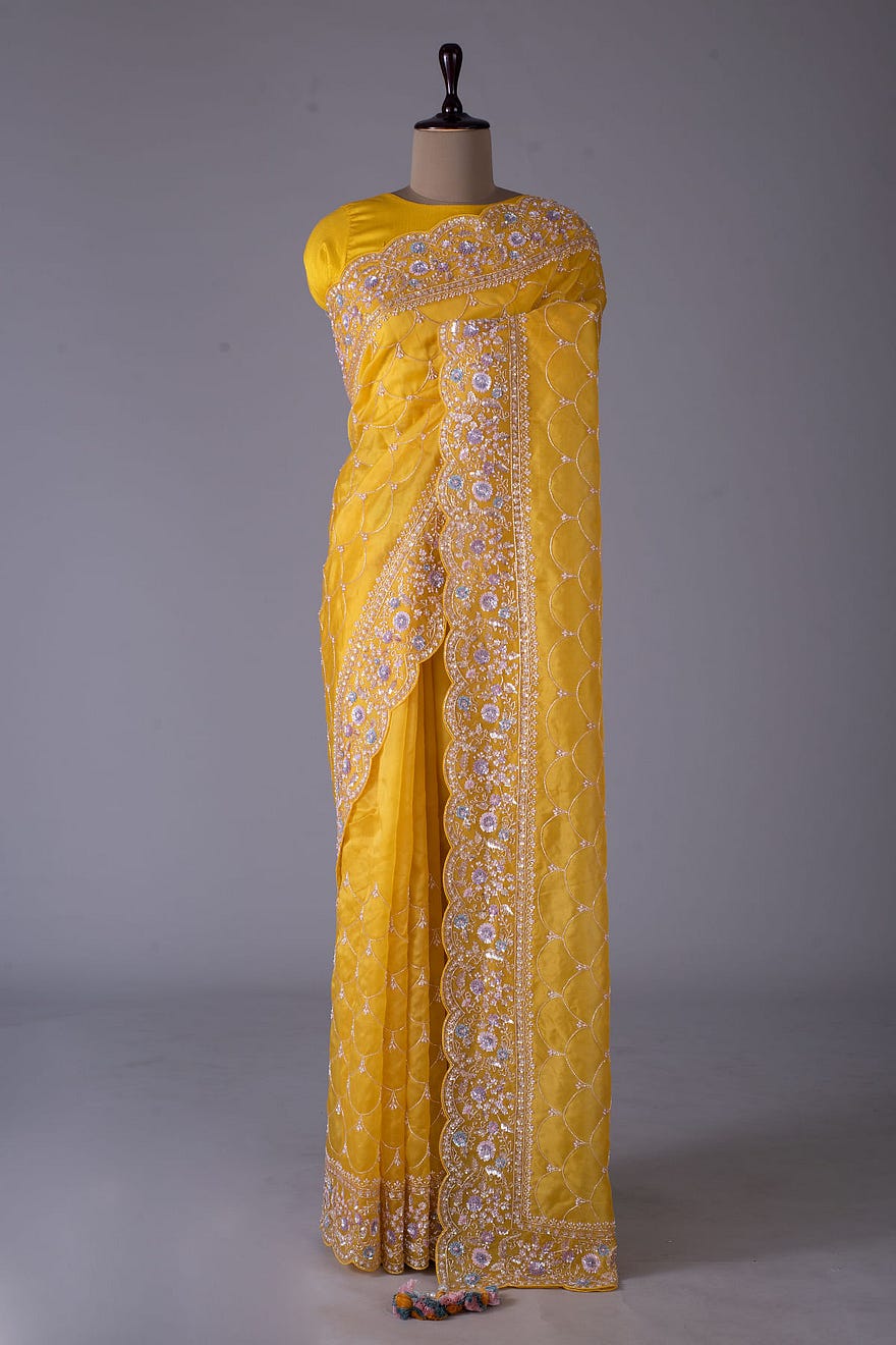 Golden Marguerite Yellow Sequins Embroidered Organza Saree Online at Samyakk