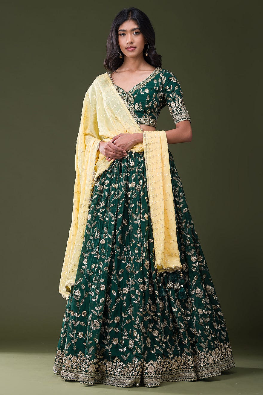 Castleton Green Sequins Embroidered Organza Designer Lehenga Online at Samyakk