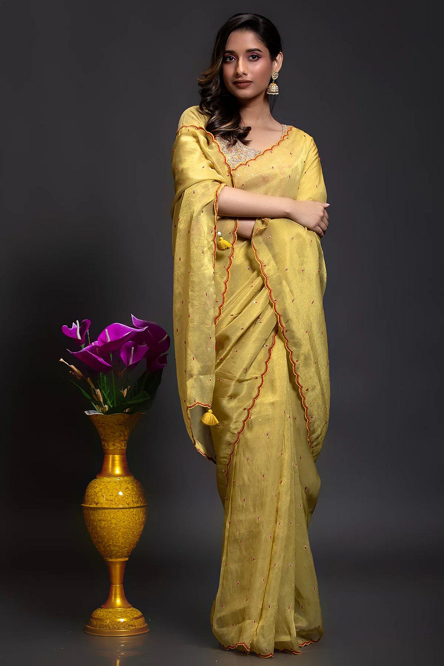 Yellow & Gold Dual Tone Tissue Organza Designer Saree With Sequins Work And Readymade Blouse Online at Samyakk