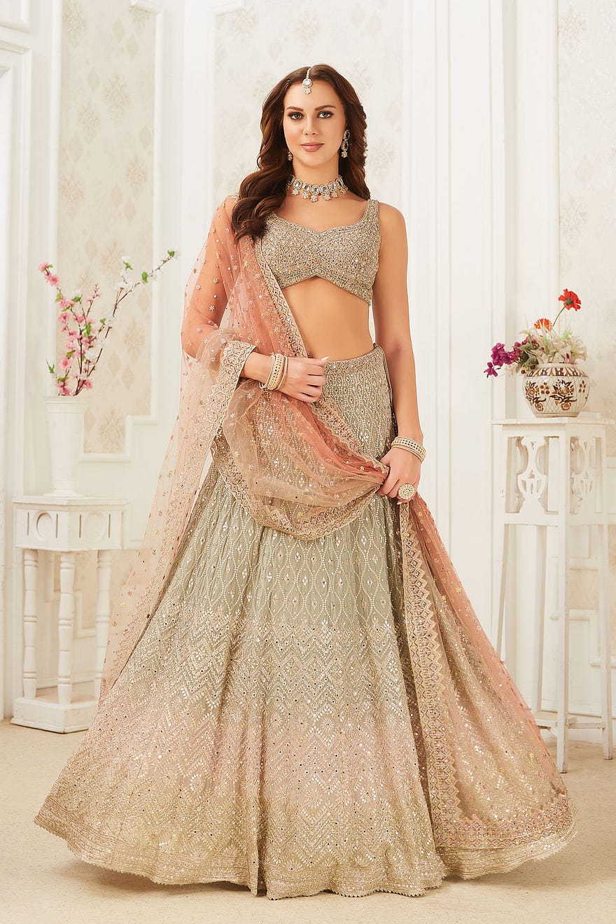 Green and Pink Ombre Designer Lehenga with Mirror Work and Leaf Neck Blouse Online at Samyakk