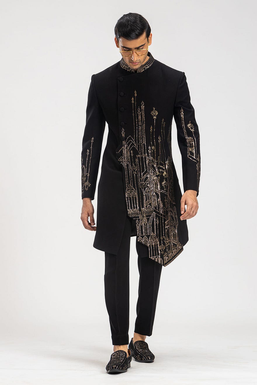 Black Kamdhani Embroidered Italian Indowestern Sherwani Online at Samyakk