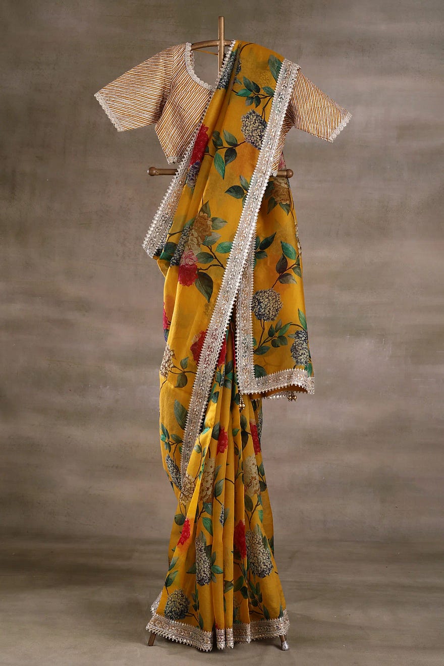 Mustard Yellow Printed Organza Designer Saree with Foil Work and Readymade Blouse Online at Samyakk