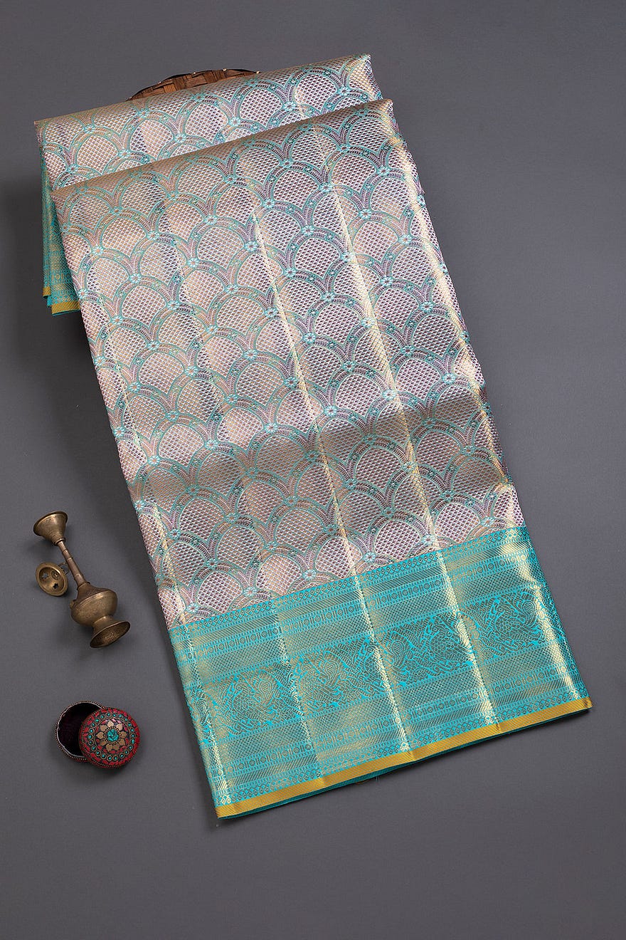 Pink And Blue Dual Tone Pure Zari Kanchipuram Tissue Saree With Unstitched Blouse Online at Samyakk