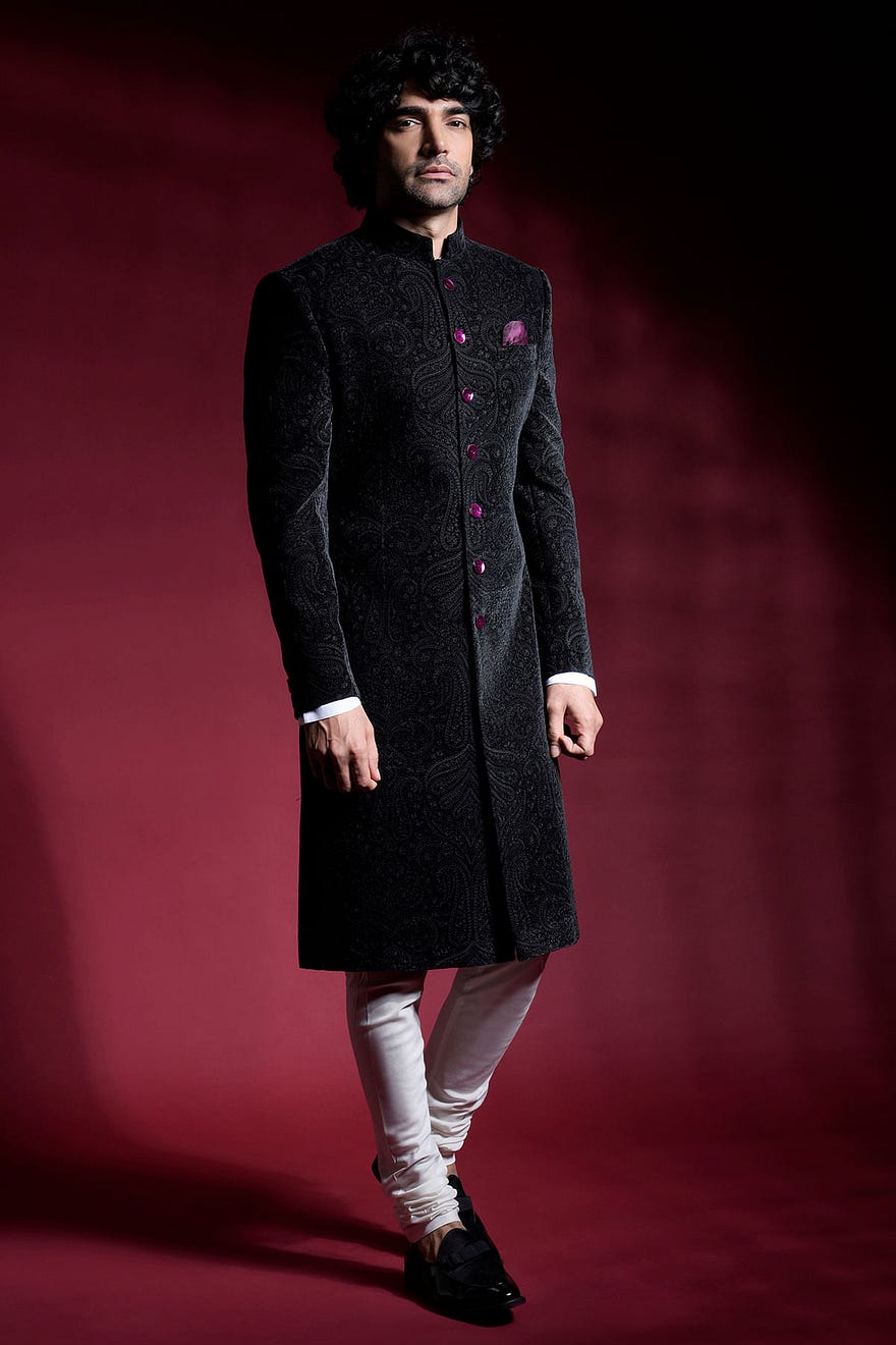 Black Thread Embroidered Suede IndoWestern Sherwani Online at Samyakk