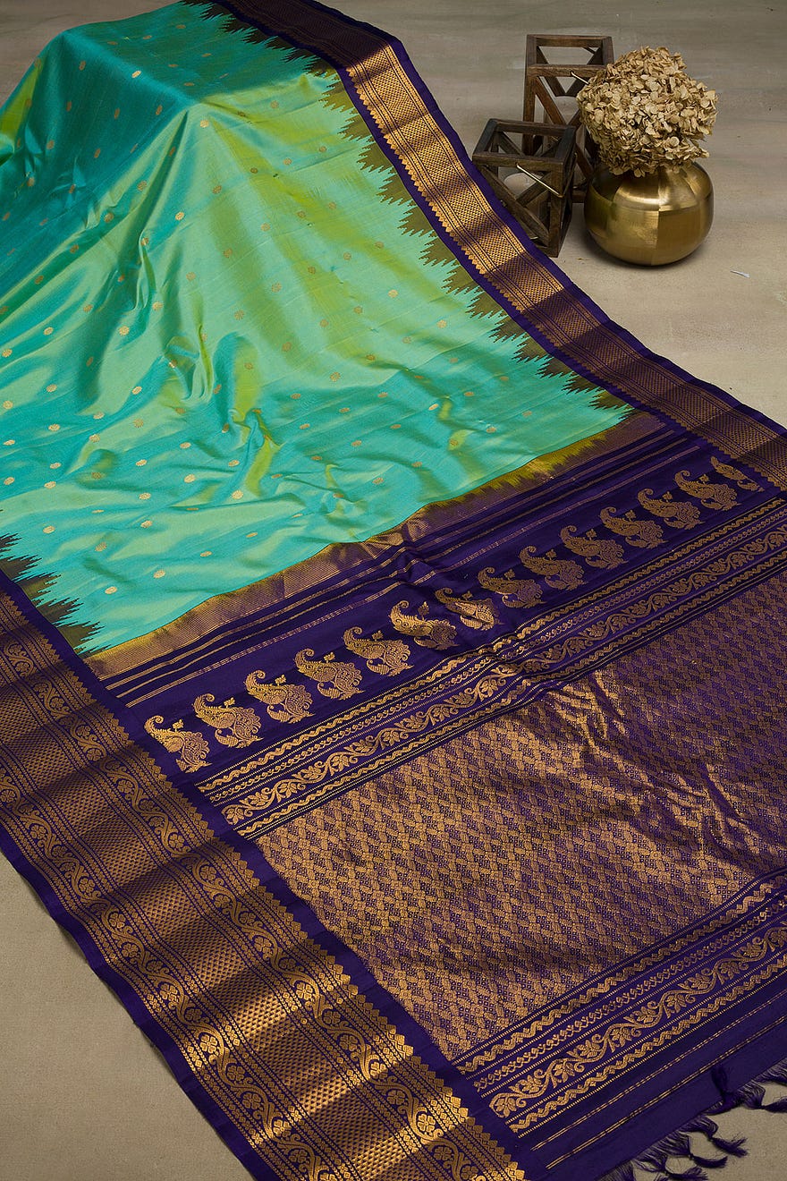 Blue & Yellow Dual Tone Zari Woven Gadwal Silk Saree Online at Samyakk