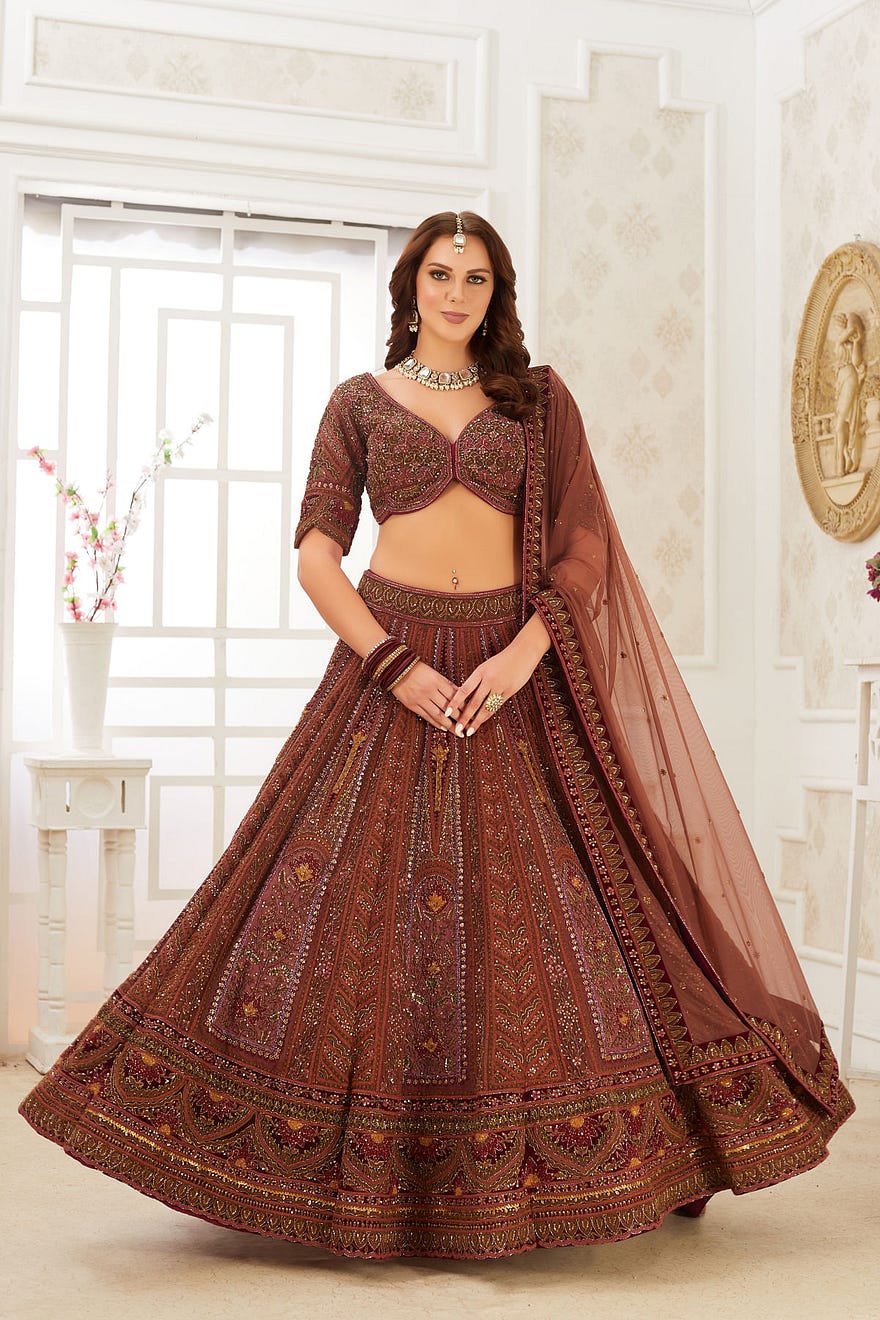 Brown Wedding Lehenga with Sequins Embroidery and Curved V Neck Blouse Online at Samyakk