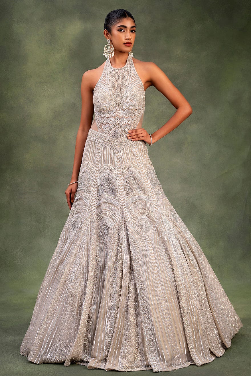 Beige Net Cocktail Gown with Sequins Work and Halter Neck Online at Samyakk