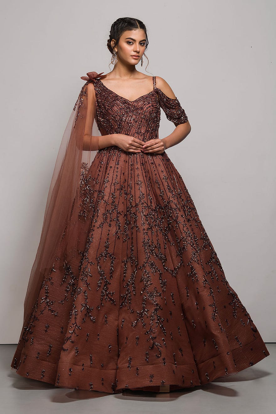 Chocolate Brown Sequins Embroidered Net Indowestern Gown Online at Samyakk