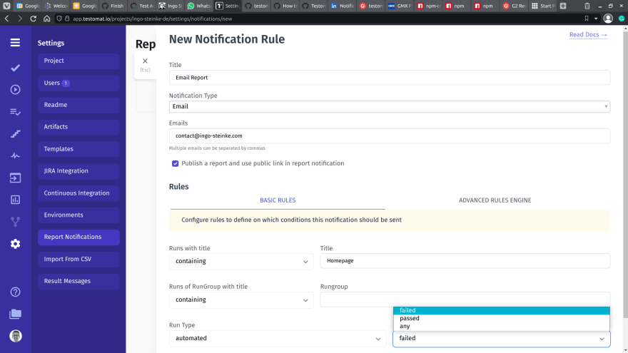 Screenshot of extensive configuration options of a new notification rule.