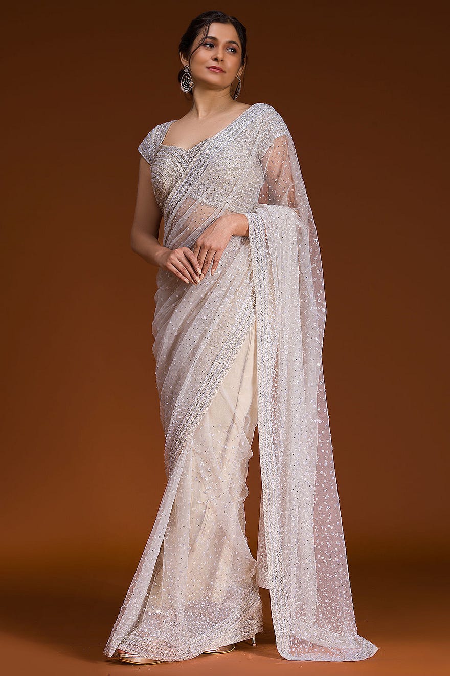 Off-White Sequins Embroidered Net Saree Online at Samyakk