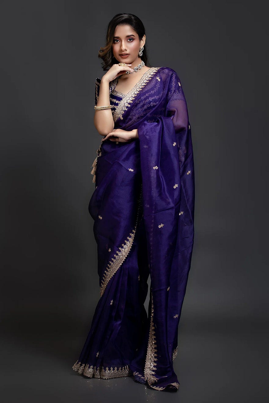 Purple Organza Designer Saree With Sequins Work And Readymade Blouse Online at Samyakk