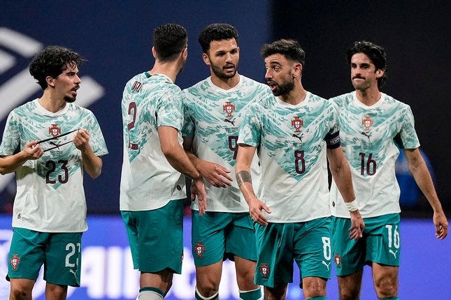 Momen selebrasi gol skuad Portugal dalam laga uji coba internasional antara Amerika Serikat vs Portugal di Mercedes-Benz Stadium, Atlanta, 1 April 2026 © AP Photo/Mike Stewart