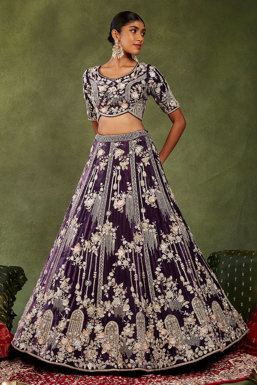 Dark Purple Velvet Reception Lehenga with Zardosi Work and Leaf Neck Online at Samyakk