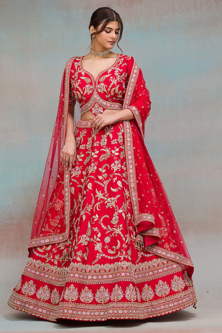 Crimson Red Sequins Embroidered Silk Bridal Lehenga Online at Samyakk