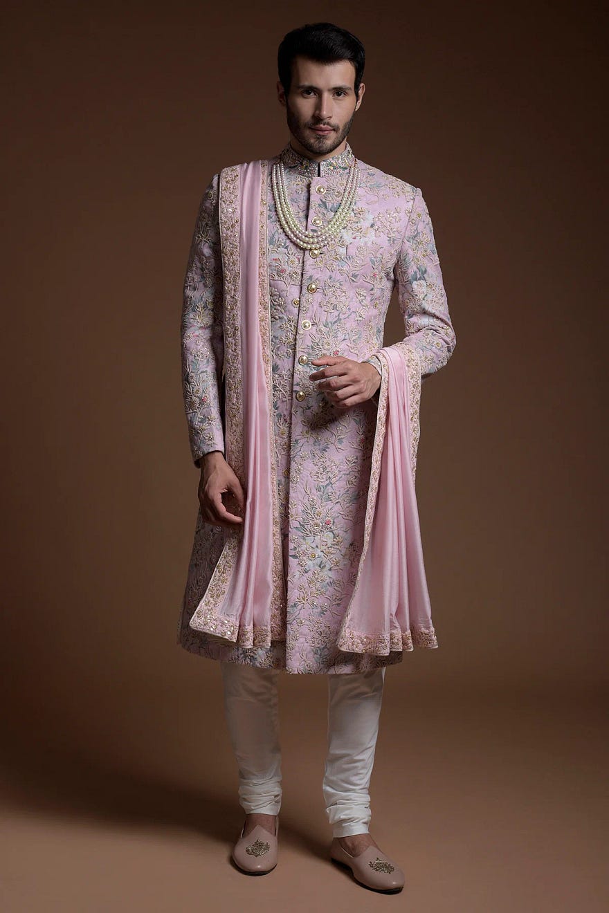 Lilac Purple Thread Embroidered Raw Silk Wedding Sherwani Online at Samyakk