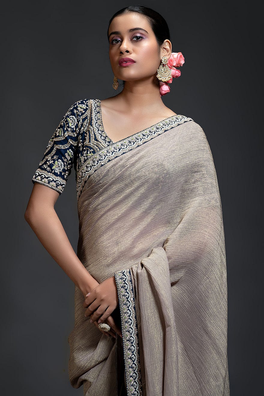 Grey Tissue Designer Saree With Zardosi Work And Readymade Blouse Online at Samyakk