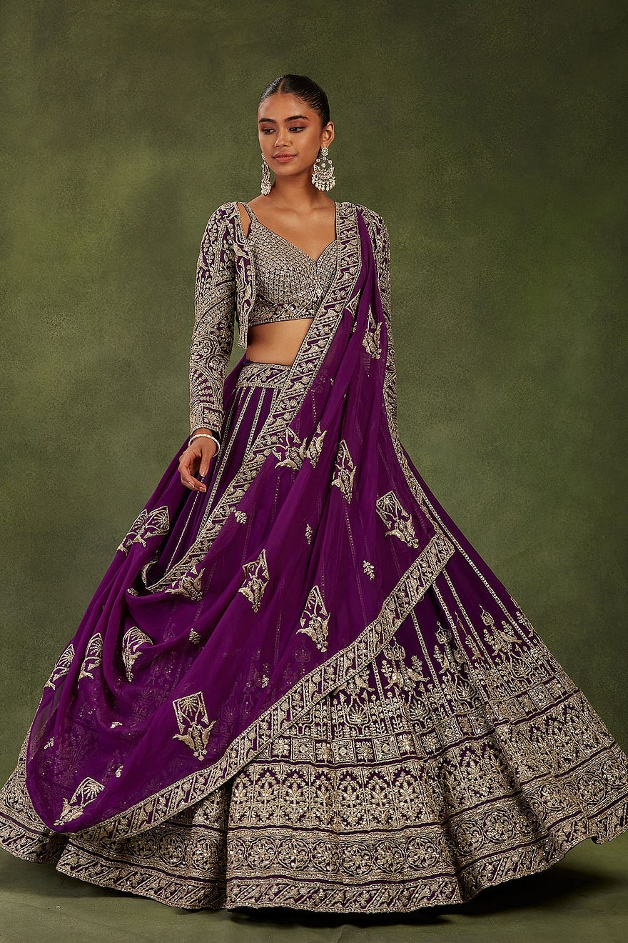 Purple Organza Sangeet Lehenga with Dori Work and Embroidered Jacket Online at Samyakk