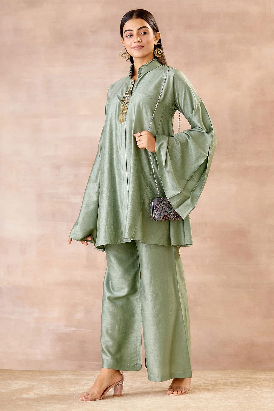 Metallic Green Bead Embroidered Silk Party Wear Salwar Kameez Online at Samyakk