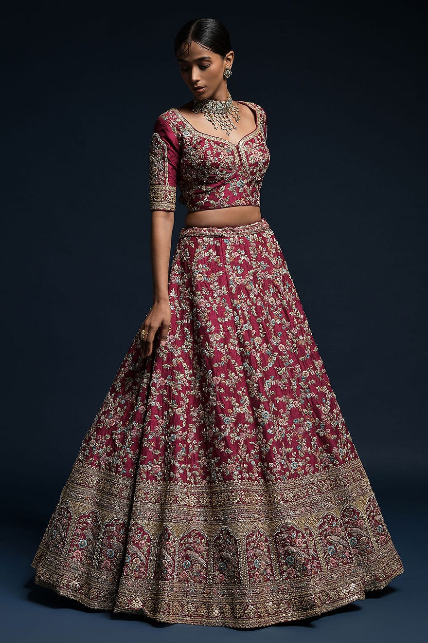 Beet Pink Resham Embroidered Raw Silk Bridal Lehenga Online at Samyakk