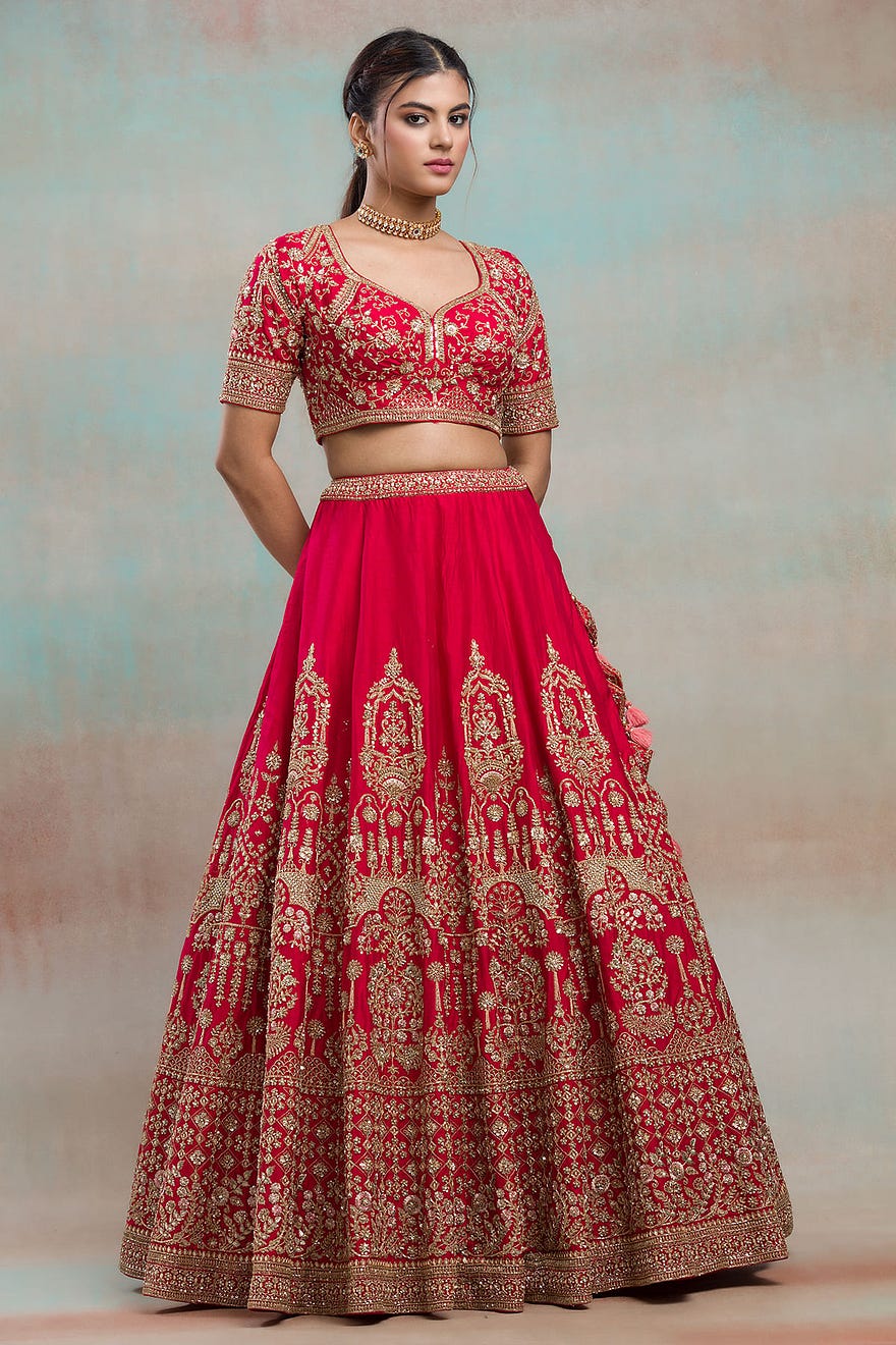 Crimson Pink Sequins Embroidered Raw Silk Exclusive Bridal Lehenga With Double Dupatta Online at Samyakk