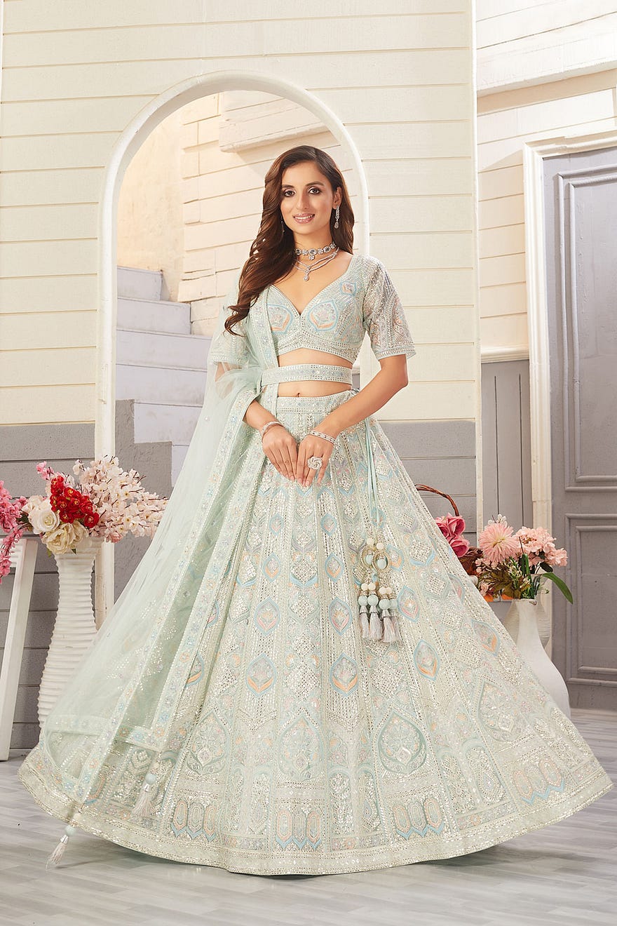 Blue Umbrella Style Organza Designer Lehenga With Leaf Neck Embroidered Blouse Online at Samyakk