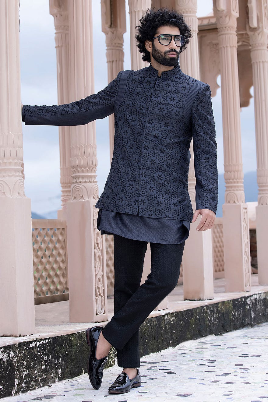 Dark Grey Cutdana Embroidered Silk Jodhpuri Suit Online at Samyakk