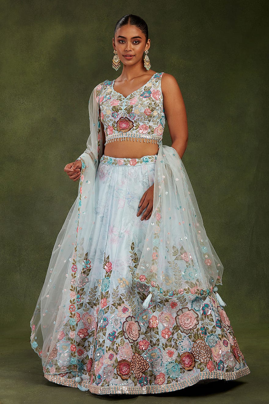 Pastel Blue Panel Style Crepe Sangeet Lehenga With Leaf Neck Blouse Online at Samyakk