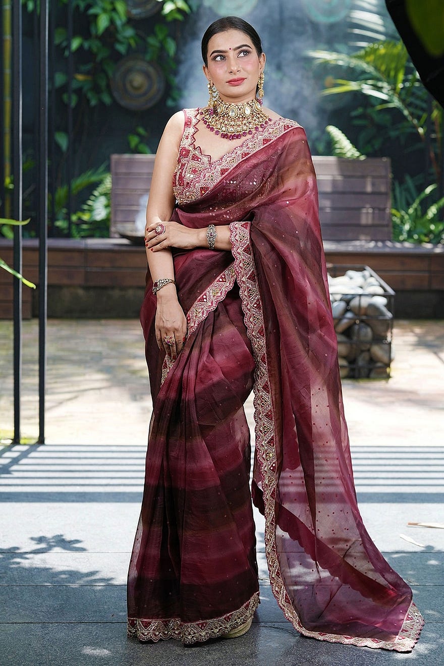 Multicolour Sequins Embroidered Party Wear Organza Saree Online at Samyakk