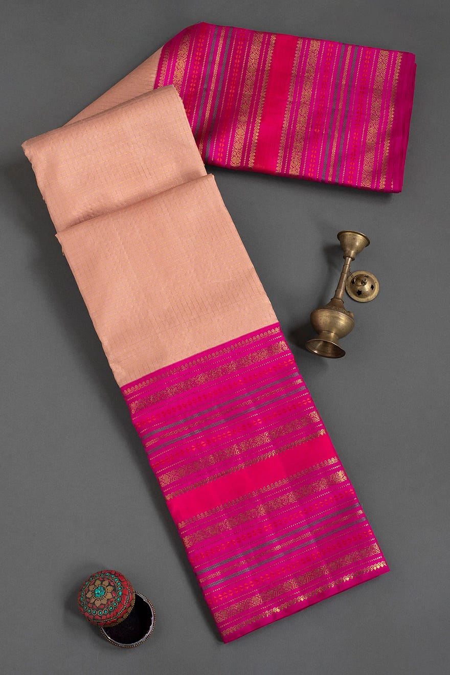 Dusty Pink Pure Zari Kanchipuram Silk Saree with Unstitched Blouse Online at Samyakk