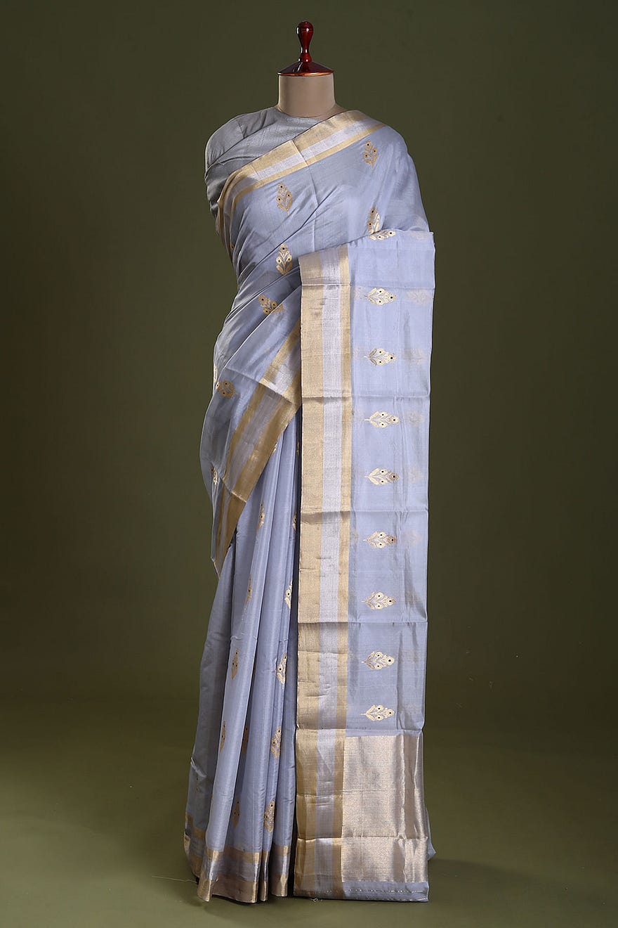 Lilac Grey Zari Woven Chanderi Silk Saree Online at Samyakk