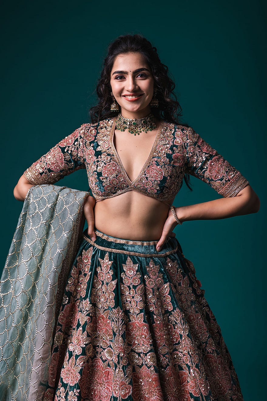 Deep Teal Applique Embroidered Velvet Wedding Lehenga Online at Samyakk