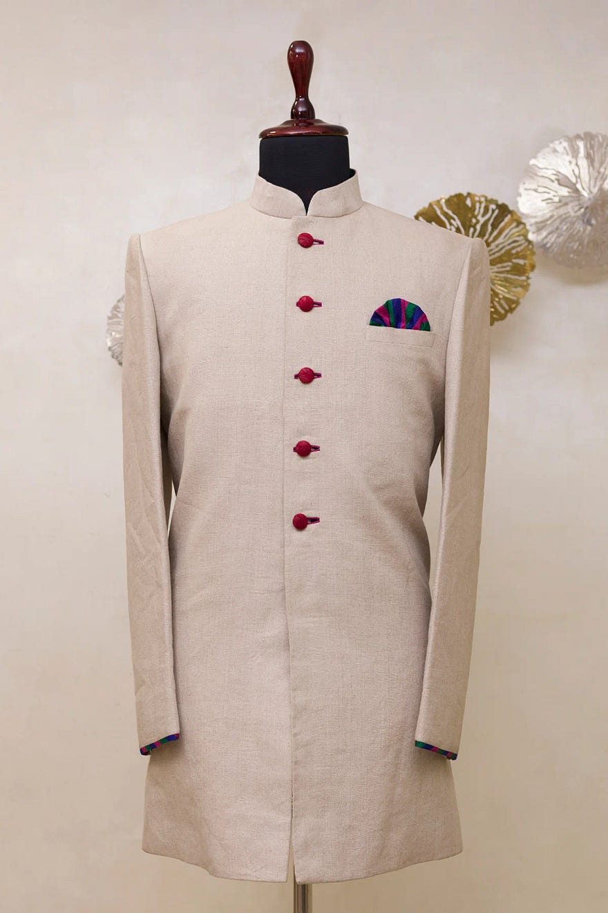 Pastel Grey Woven Linen IndoWestern Sherwani Online at Samyakk