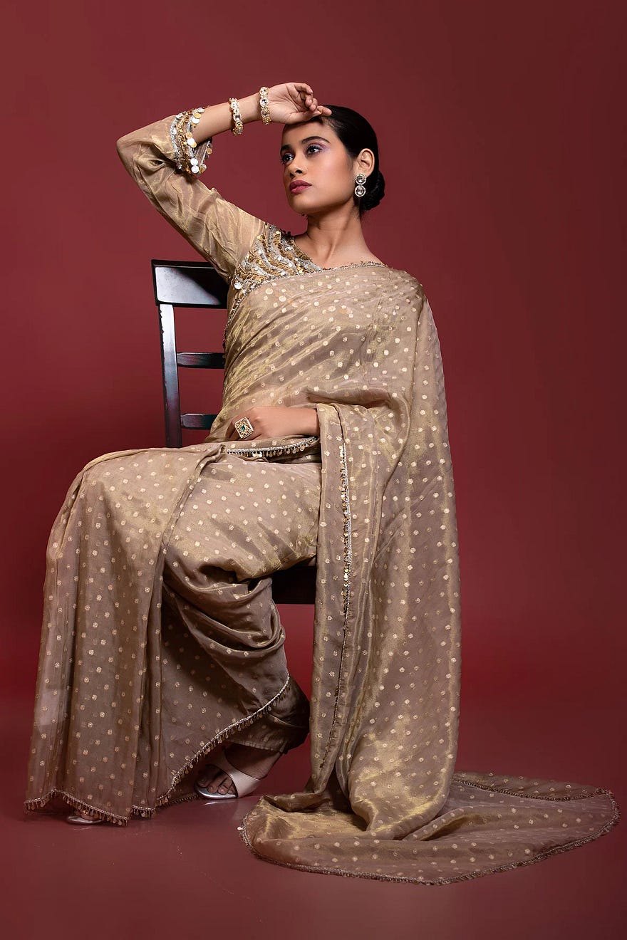 Beige and Gold Dual Tone Designer Saree with U Neck Blouse Online at Samyakk