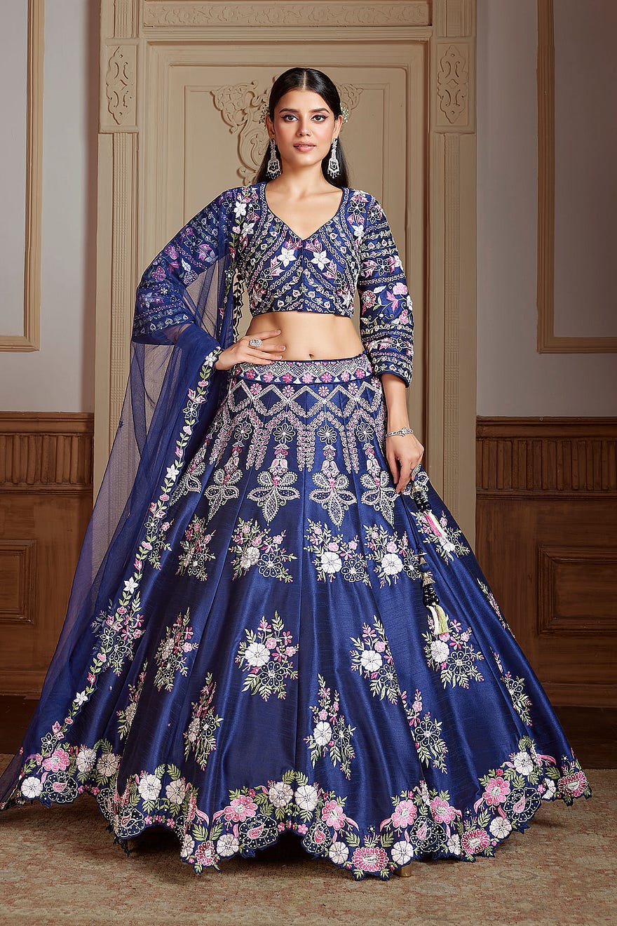 Navy Blue Panel Style Raw Silk Sangeet Lehenga With Embroidered Curve V Neck Blouse Online at Samyakk