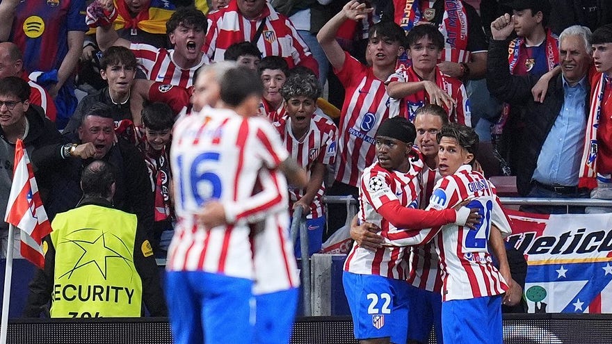 ITUGOL — Selebrasi Ademola Lookman bersama rekan timnya setelah mencetak gol dalam laga leg kedua perempat final Liga Champions antara Atletico Madrid vs Barcelona di Metropolitano, 15 April 2026 © AP Photo/Manu Fernandez