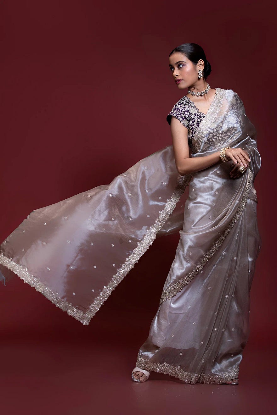 Taupe Grey Sequins Embroidered Shimmer Organza Saree Online at Samyakk