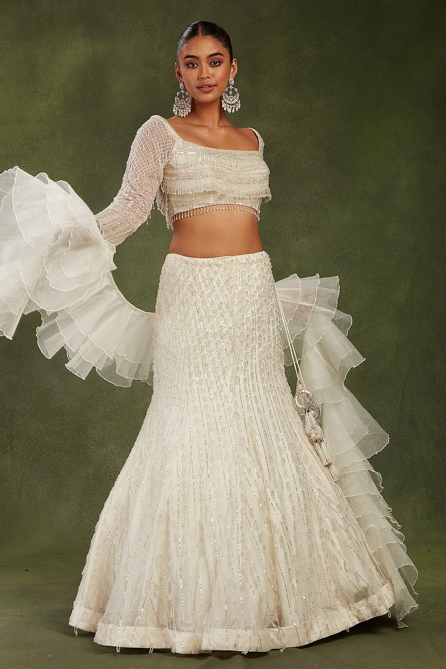 Off White Net Mermaid Style Lehenga with Bead Work and Square Neck Online at Samyakk