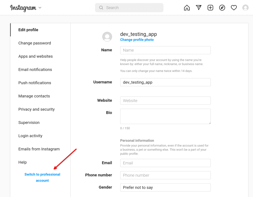 Instagram account settings with “Switch to professional account” under the left menu