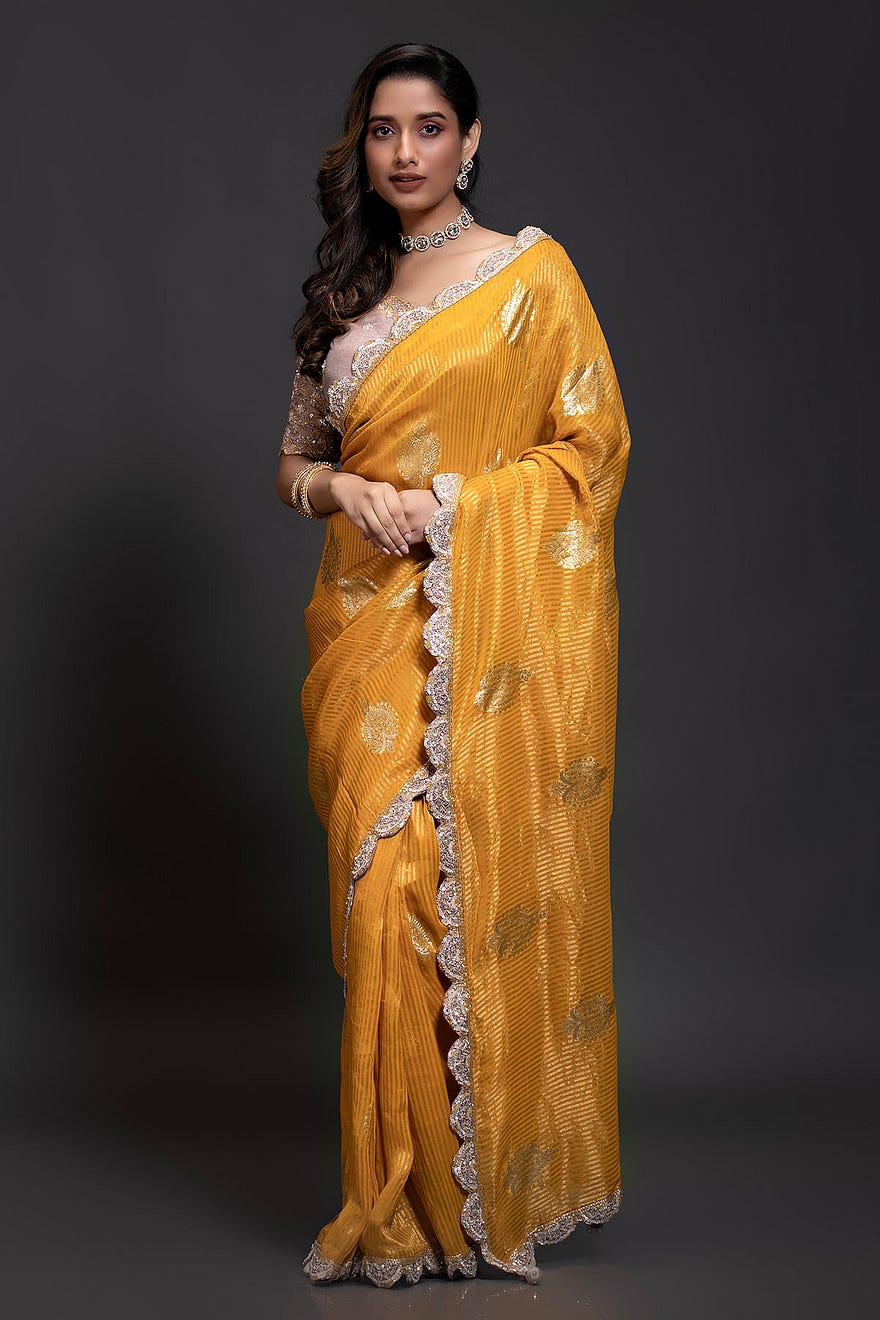 Turmeric Yellow Organza Designer Saree With Sequins Work And Readymade Blouse Online at Samyakk