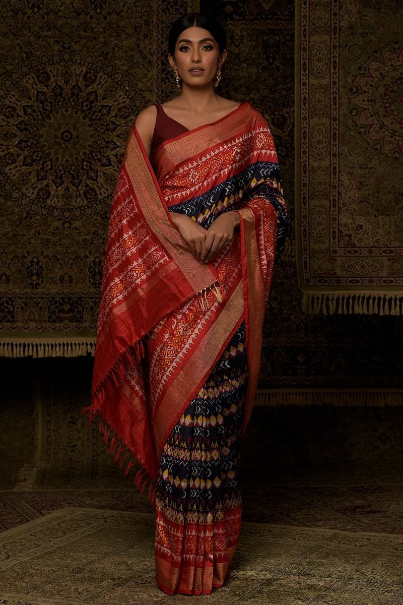 Navy Blue Woven Patola Silk Saree Online at Samyakk